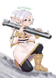1girl boots brown_boots capelet dee_(perkydee) elf frieren full_body green_eyes highres holding holding_rocket_launcher holding_weapon long_hair on_one_knee pointy_ears rocket_launcher simple_background skirt smile solo sousou_no_frieren twintails weapon white_background white_capelet white_hair white_skirt