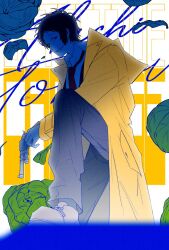 1boy adachi_tooru cabbage character_name commentary_request food formal_clothes gun handgun highres holding holding_gun holding_weapon kito_full korean_commentary leg_up long_sleeves looking_at_viewer male_focus necktie pants persona persona_4 raincoat red_necktie shoes short_hair simple_background smile solo suit vegetable weapon white_background yellow_raincoat