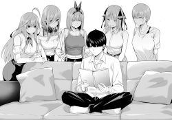 5girls book breasts butterfly_hair_ornament chicke_iii couch go-toubun_no_hanayome greyscale hair_ornament headphones headphones_around_neck highres holding holding_book indian_style large_breasts long_hair meme monochrome multiple_girls nakano_ichika nakano_itsuki nakano_miku nakano_nino nakano_yotsuba on_couch pants piper_perri_surrounded_(meme) scene_reference shirt short_hair sitting skirt surrounded two_side_up uesugi_fuutarou
