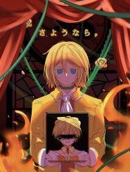 1boy 1girl aku_no_meshitsukai_(vocaloid) allen_avadonia arson ascot blueberry_hedy bow brown_vest censored coat collared_coat collared_jacket collared_shirt colored_eyelashes cosplay costume_switch crossdressing dress dress_bow embers empty_eyes evillious_nendaiki fire flower hair_between_eyes hair_bow hair_down half-closed_eyes high_ponytail highres holding holding_picture_frame iei jacket kagamine_len kagamine_rin medium_hair messy_hair mourning off-shoulder_dress off_shoulder orange_bow picture_frame plant ponytail red_curtains riliane_lucifen_d&#039;autriche rose scribble_censor shirt short_hair smile stained_glass strangling symbolism thorns translation_request updo vest vines vines_around_neck vocaloid white_ascot window yellow_bow yellow_coat yellow_flower yellow_jacket yellow_rose