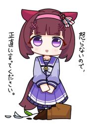 1girl animal_ears bow bowtie brown_hair ear_covers false_smile flower_pot full_body hair_ornament hairband horse_ears horse_girl horse_tail horseshoe_ornament long_sleeves nishino_flower_(umamusume) pink_hairband pleated_skirt purple_eyes purple_shirt purple_skirt sailor_collar sailor_shirt school_uniform shirt short_hair simple_background skirt smile solo tail temu_(kobaeihuk) tracen_school_uniform umamusume white_background white_bow white_bowtie x_hair_ornament
