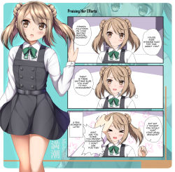 &gt;_&lt; 1girl belt blush bow bowtie collared_shirt comic commentary double_bun dress english_commentary english_text female_focus green_bow green_bowtie hair_bun hand_on_another&#039;s_head kantai_collection light_brown_hair long_sleeves looking_at_viewer michishio_(kancolle) pinafore_dress remodel_(kantai_collection) sheita shirt sidelocks sleeveless sleeveless_dress solo swept_bangs white_shirt yellow_eyes