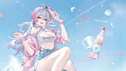 Rule 34 | 1girl, absurdres, ahoge, alternate costume, bare shoulders, black choker, blue eyes, blue shorts, bottle, breasts, choker, cleavage, criss-cross halter, crop top, cutoffs, denim, denim shorts, earrings, halterneck, hands up, heart, heart-shaped pupils, high-waist shorts, highres, holding, holding bottle, ice, ice cube, jacket, jewelry, kanami (strinova), large breasts, long hair, looking at viewer, midriff, multicolored hair, off shoulder, official art, one side up, open clothes, open jacket, open mouth, pink jacket, shirt, short shorts, short sleeves, shorts, signature, sleeveless, sleeveless shirt, smile, solo, streaked hair, strinova, sweatband, symbol-shaped pupils, thighs, two-tone hair, very long hair, white hair, white shirt