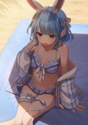 1girl animal_ear_fluff animal_ears beach_towel bikini bikini_skirt blue_bikini blue_hair blue_jacket blunt_bangs blush breasts cleavage commentary day fanning_self feet_out_of_frame frilled_bikini frilled_thigh_strap frills from_above hair_ribbon highres hololive hot jacket leg_ribbon looking_down medium_breasts multi-strapped_bikini_bottom multicolored_jacket navel off_shoulder official_alternate_costume official_alternate_hair_length official_alternate_hairstyle open_clothes open_jacket open_mouth outdoors plaid_bikini plaid_clothes rabbit_ears rabbit_girl red_eyes ribbon roridaitouryou shade short_eyebrows short_hair sitting solo stomach sweat swimsuit thick_eyebrows thigh_gap thigh_ribbon thigh_strap towel two-tone_jacket usada_pekora usada_pekora_(summer) virtual_youtuber white_jacket white_ribbon