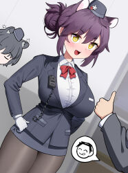 1boy 2girls :d absurdres aged_up animal_ears black_hair black_hat black_jacket black_pantyhose black_skirt blue_archive bow bowtie breasts closed_eyes collared_shirt commentary cowboy_shot dishui_tangni doodle_sensei_(blue_archive) dutch_angle fang garrison_cap gloves hair_bun hands_on_own_hips hat highres jacket kaede_(blue_archive) kaede_(guide)_(blue_archive) large_breasts long_sleeves multiple_girls no_halo official_alternate_costume open_mouth out_of_frame pantyhose purple_hair raccoon_ears raccoon_girl red_bow red_bowtie sensei_(blue_archive) shirt skin_fang skirt smile spoken_character squeans tongue tongue_out tour_guide tsubaki_(blue_archive) tsubaki_(guide)_(blue_archive) walkie-talkie white_gloves white_shirt yellow_eyes