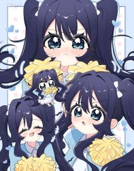 1girl :&lt; :d black_hair blue_eyes blush bow cheerleader commentary flying_sweatdrops frown hair_between_eyes hair_bow hair_intakes heart highres holding holding_pom_poms kimi_no_koto_ga_dai_dai_dai_dai_daisuki_na_100-nin_no_kanojo long_hair looking_at_viewer multiple_views official_alternate_costume open_mouth pikyu pom_pom_(cheerleading) pom_poms sidelocks smile tearing_up twintails wavy_eyes white_bow yoshimoto_shizuka