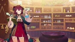1girl absurdres atelier_(series) atelier_sophie atelier_sophie_2 blue_coat book bottle bowl cauldron closed_eyes closed_mouth coat collared_coat cowboy_shot crystal detached_collar doyagao erlenmeyer_flask flask garlic highres holding holding_book holding_flask hourglass indoors long_sleeves mushroom noco_(adamas) official_art open_book plant potted_plant red_hair red_skirt round-bottom_flask second-party_source shelf short_hair skirt smile smoke smug solo sophie_neuenmuller sparkle standing
