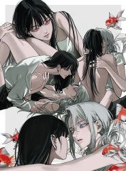 Rule 34 | 2girls, black bra, black hair, blue eyes, bra, ear piercing, eriol s2, finger piercing, fish, fish request, flower, hand on another&#039;s thigh, heterochromia, highres, kiss, long hair, long sleeves, multiple girls, official alternate costume, original, parted lips, piercing, red eyes, shirt, short sleeves, smile, topless female, underwear, white eyes, white flower, white hair, white shirt, yuri