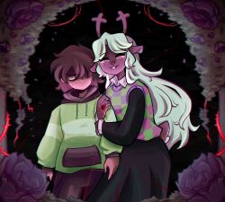 1girl 1other animal_ears antlers black_skirt black_sleeves blonde_hair brown_hair buck_teeth checkered_sweater_vest commentary deer_antlers deer_ears deer_girl deltarune english_commentary flower green_hoodie hair_over_one_eye highres holding_another&#039;s_arm hood hoodie horns jewelry kris_(deltarune) long_hair long_sleeves noelle_holiday red_eyes red_flower ring short_hair skirt smile stephsartlab striped_clothes striped_hoodie sweat teeth thorns very_long_hair weird_route_(deltarune)