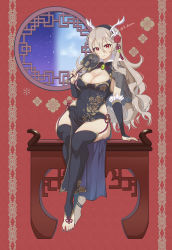 1girl absurdres alternate_costume barefoot black_dress black_gloves black_hairband black_thighhighs breasts bridal_gauntlets brooch china_dress chinese_clothes cleavage_cutout closed_mouth clothing_cutout commentary_request corrin_(female)_(fire_emblem) corrin_(fire_emblem) dress elbow_gloves fingernails fire_emblem fire_emblem_fates flower gloves grey_hair hair_between_eyes hair_flower hair_ornament hairband highres horn_ornament horns jewelry karashino large_breasts lips long_hair looking_at_viewer nail_polish nintendo pelvic_curtain pink_lips purple_nails red_eyes red_flower red_rose rose see-through_clothes sitting sleeveless sleeveless_dress slit_pupils smile solo stirrup_legwear tassel thighhighs thighs toeless_legwear