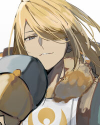 Rule 34 | 1boy, blonde hair, blue eyes, brown fur, commentary request, fur trim, ginkgo guild uniform, hair over one eye, hat, highres, holding, holding unworn clothes, holding unworn hat, male focus, multicolored hat, nintendo, one eye covered, parted bangs, parted lips, pokemon, pokemon legends: arceus, riku mochi00, simple background, smile, solo, unworn hat, unworn headwear, upper body, volo (pokemon), white background