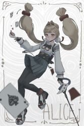 1girl ace_(playing_card) ace_of_spades animal_ears black_gloves black_pantyhose black_shoes blonde_hair border breasts card character_name commentary cup expressionless fingerless_gloves five_of_clubs floating_hair full_body gemaine88008459 gloves green_skirt heterochromia highres holding holding_sword holding_weapon long_hair long_sleeves looking_at_viewer orange_eyes ornate_border outside_border pantyhose parted_lips playing_card pleated_skirt rabbit_ears rabbit_girl rapier shirt shoes simple_background skirt solo spade_(shape) sword symbol-only_commentary tea teacup three_of_hearts twintails two_of_diamonds weapon white_shirt yellow_eyes zenless_zone_zero