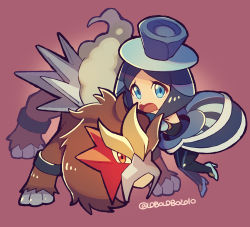 1girl battle_chatelaine black_hair black_pantyhose blue_eyes blue_footwear blue_headwear chibi commentary_request dress entei evelyn_(pokemon) eyelashes gen_2_pokemon gloves hat high_heels hug legendary_pokemon looking_at_viewer momoji_(lobolobo2010) nintendo open_mouth pantyhose parted_bangs pokemon pokemon_(creature) pokemon_xy short_hair tongue top_hat