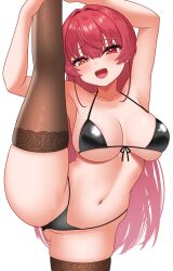 Rule 34 | 1girl, absurdres, bikini, black bikini, black thighhighs, blush, breasts, front-tie bikini top, front-tie top, heterochromia, highres, hololive, houshou marine, large breasts, long hair, navel, open mouth, red eyes, red hair, simple background, smile, solo, split, standing, standing on one leg, standing split, swimsuit, thighhighs, virtual youtuber, white background, yellow eyes, zakitaku8311