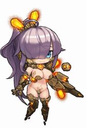 1girl animated animated_gif arm_tattoo assault_rifle blue_eyes body_markings bouncing_breasts breast_tattoo breasts chibi collar crotch_plate crystal disembodied_hand earth_elemental elemental_(creature) facial_tattoo facial_mark fantasy floating flying glowing glowing_crystal gnome_(last_origin) golem gun happy heart heart_tattoo hip_tattoo jewelry jiggle large_breasts last_origin leg_tattoo levitation long_hair monster_girl muhut necklace pasties ponytail prosthesis prosthetic_arm prosthetic_leg pubic_tattoo purple_hair revealing_clothes rifle rock sagging_breasts simple_background smile tattoo tribal_tattoo two-tone_background ugoira very_long_hair weapon white_background