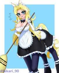 1girl animal_ears apron artist_name black_bow black_bowtie black_dress black_thighhighs blonde_hair blue_background blue_eyes blush border bow bowtie breasts centaur cleavage collar detached_collar dot_nose dress elbow_gloves embarrassed eyebrows eyelashes feet_out_of_frame female_focus frilled_apron frilled_dress frills gloves horse_ears large_breasts long_hair looking_at_viewer lukari maid maid_apron monster_musume_no_oisha-san open_mouth simple_background solo taur thighhighs tisalia_scythia two-tone_dress white_apron white_border white_collar white_dress white_gloves
