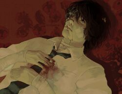 Rule 34 | 1boy, \||/, bandage on face, bandage over one eye, bandaged neck, bandages, black eyes, black necktie, bleeding, blood, blood on clothes, blood on face, blood stain, bloody bandages, brown hair, bug, bungou stray dogs, collared shirt, dazai osamu (bungou stray dogs), flower, hands on own chest, highres, looking at animal, lying, male focus, messy hair, necktie, on back, on ground, one eye covered, shirt, solo, sonaireeart, spider, spider lily, upper body, white shirt