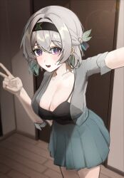 13_(jjusan13) 1girl aqua_skirt black_ribbon black_tank_top blush breasts cardigan cleavage firefly_(honkai:_star_rail) gradient_eyes gradient_hair green_pupils hair_between_eyes hair_intakes hair_ornament hair_ribbon highres honkai:_star_rail honkai_(series) large_breasts multicolored_eyes multicolored_hair open_cardigan open_clothes open_mouth ribbon short_hair skirt solo sweatdrop tank_top v