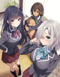 3girls antenna_hair ass black_eyes black_hair blazer blush bob_cut bow bowtie breasts brown_eyes brown_hair carpet closed_mouth couch cover cover_page curtains dark_skin dress_shirt from_above green_eyes grey_hair hair_over_one_eye hand_in_own_hair hands_on_own_hips highres hugging_own_legs indoors jacket kneehighs knees_up long_hair low-tied_sidelocks medium_breasts multiple_girls novel_cover official_art on_couch plant pleated_skirt potted_plant pov school_uniform second-party_source shirt sidelocks siokazunoko sitting skirt small_breasts smile socks standing tennouzu_ami tennouzu_futaba tennouzu_ichiya tensai_bishoujo_san_shimai_wa_isourou_ni_dake_choro_kawaii