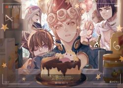 anger_vein argyle_clothes argyle_hat balloon birthday_cake black_hair black_lips blonde_hair blush braid brown_hair bruno_bucciarati cake camera cellphone cleavage_cutout clothing_cutout food giorno_giovanna guido_mista hair_over_one_eye hairband happy_birthday hat holding holding_phone jojo_no_kimyou_na_bouken kom_(water0371) ladybug_ornament leone_abbacchio long_hair male_focus multiple_boys narancia_ghirga necktie one_eye_closed pannacotta_fugo party_hat pectoral_cleavage pectorals phone pov profile purple_eyes purple_necktie refrigerator short_hair smartphone star_(symbol) upper_body vento_aureo white_hair wing_ornament zipper_pull_tab
