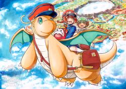 1boy 1girl :d above_clouds bag brown_bag brown_hair claws closed_mouth cloud commentary_request creatures_(company) day dragonite fuecoco game_freak gen_1_pokemon green_eyes hat kodue55 nintendo open_mouth orange_eyes outdoors pokemon pokemon_(anime) red_hat riding riding_pokemon short_hair shoulder_bag sitting smile socks teeth tongue upper_teeth_only white_socks