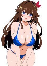 Rule 34 | 1girl, bikini, blue bikini, blue eyes, breasts, brown hair, cleavage, hair flaps, hair ornament, hairclip, hands on own thighs, highres, hololive, kinako mochi (pixiv100419090), large breasts, long hair, looking at viewer, navel, open mouth, simple background, solo, star (symbol), star hair ornament, swimsuit, thigh gap, tokino sora, virtual youtuber, white background
