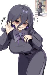 1girl alternate_breast_size bags_under_eyes black_dress black_hair breasts dress earrings hair_between_eyes hex_maniac_(pokemon) hex_maniac_(pokemon_legends:_z-a) highres jewelry large_breasts long_hair long_sleeves looking_at_viewer nail_polish neck_ribbon nintendo pokemon pokemon_legends:_z-a purple_eyes purple_ribbon ribbon white_background zet_(twt_zet)