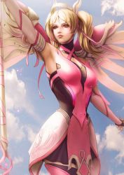1girl alternate_eye_color alternate_hairstyle armpits bare_shoulders bebipawdah blonde_hair blue_sky breasts brown_eyes cloud cloudy_sky cowboy_shot criss-cross_halter day dress female_focus gloves hair_ribbon halo halterneck holding holding_staff lips looking_to_the_side mechanical_halo mechanical_wings medium_breasts mercy_(overwatch) nose official_alternate_costume outdoors overwatch overwatch_1 pink_dress pink_mercy pink_ribbon pink_wings ribbon sky solo staff twintails wings