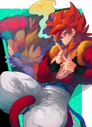 Rule 34 | black hair, blue eyes, blue sash, closed mouth, dougi, dragon ball, dragon ball gt, gloves, gogeta, long hair, male focus, metamoran vest, monkey boy, monkey tail, multiple boys, muscular, muscular male, ommmyoh, open mouth, pants, red fur, saiyan, sash, smile, son goku, spiked hair, super saiyan, super saiyan 4, tail, twitter username, vegeta, yellow pants
