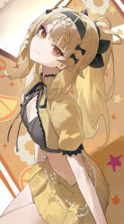 1girl absurdres black_bow black_hairband blonde_hair bow breasts cleavage closed_mouth hair_bow hair_ornament hairband highres long_hair looking_at_viewer mac_star medium_breasts midriff original pleated_skirt red_eyes skirt smile solo thighs x x_hair_ornament yellow_skirt