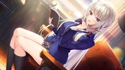 1girl amaemi-longing_for_you- black_thighhighs blazer blue_jacket blush braid breasts collared_shirt curtains day dutch_angle grey_hair grey_skirt hair_ribbon indoors jacket kurusu_sakuya lapels large_breasts long_hair long_sidelocks looking_at_viewer looking_to_the_side notched_lapels official_art open_mouth oryo_(oryo04) plaid_clothes plaid_skirt purple_eyes red_ribbon ribbon school_uniform shirt sidelocks sitting skirt smile solo thighhighs thighs twin_braids variant_set very_long_hair white_shirt wing_collar