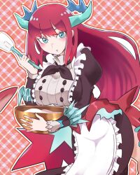 1girl apron blue_eyes blush bowl breasts chef dragon_girl dragon_horns dragon_tail dragon_wings duel_monster frilled_apron frills highres holding holding_bowl holding_whisk horns kitchen_dragonmaid large_breasts long_hair long_sleeves looking_at_viewer maid_apron okirune_(yappa_neruwa) open_mouth puffy_long_sleeves puffy_sleeves red_hair solo tail whisk white_apron wings yu-gi-oh!