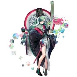 Rule 34 | 1girl, banner, baofan, black hat, calligraphy brush, colored eyelashes, full body, game cg, girls&#039; frontline, girls&#039; frontline neural cloud, green hair, green shirt, hair over one eye, hat, highres, holding banner, knees together feet apart, neon (zuicongming), off shoulder, official art, paintbrush, parted lips, red eyes, sarong, shirt, smile, solo, standing, tachi-e, taoism, third-party source, transparent background, white hair, white sarong, wide sleeves, zangyin (neural cloud)