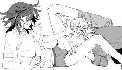 2boys all_fours blush boxers bulge clothes_pull embarrassed greyscale hair_between_eyes hand_on_another&#039;s_thigh honosuke_(tns4b) koide_natsuno leg_grab looking_at_another male_focus male_underwear monochrome multiple_boys mutou_tooru open_mouth pants pants_pull reclining shiki_(novel) shirt short_hair short_sleeves simple_background sweatdrop t-shirt three-quarter_sleeves underwear white_background wide-eyed yaoi