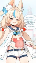 1girl ahoge animal animal_ear_fluff animal_ears bare_arms beach bikini blonde_hair blue_hair blue_neckerchief blue_sailor_collar bright_background cat_ears collar colored_speech_bubble commentary cowboy_shot crab crying dress english_commentary english_text grunt_frostwolf highleg highleg_bikini highres indie_virtual_youtuber kaniki_(sameko_saba) lifebuoy_hair_ornament loli long_hair looking_at_animal looking_down low_twintails multicolored_hair navel neckerchief one_side_up sailor_collar sameko_saba short_shorts shorts sleeveless sleeveless_dress smile solo sound_effects speech_bubble streaked_hair streaming_tears swimsuit tears twintails very_long_hair virtual_youtuber white_dress white_shorts