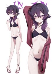 1girl arm_behind_head bikini black_bikini blue_archive closed_mouth earrings hair_between_eyes halo hand_up haruka_(blue_archive) highres jacket jewelry long_hair looking_at_viewer multiple_views navel open_clothes open_jacket picopico_hanma purple_eyes purple_hair purple_halo red_jacket simple_background standing stomach swimsuit white_background