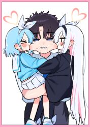 &gt;_&lt; 1other 2girls absurdres arona_(blue_archive) biting biting_cheek black_hairband black_pants black_serafuku blue_archive blue_hair blue_necktie blush border carrying child_carry commentary_request dress_shirt grey_hair hairband halo heart heart_halo hetero highres je_o_mo long_hair multicolored_hair multiple_girls necktie nervous_smile nervous_sweating pants pink_border pink_hair plana_(blue_archive) school_uniform sensei_(blue_archive) serafuku shirt short_hair simple_background smile straight_hair sweat two-tone_hair v-shaped_eyebrows very_long_hair white_background white_hairband white_shirt