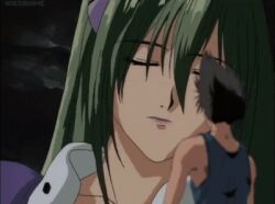1girl 2boys animated animated_gif anime_screenshot brown_hair emilia_jenius giant giantess green_hair macross macross_7 macross_7:_the_galaxy_is_calling_me multiple_boys nekki_basara open_mouth pedro_(macross_7) size_difference