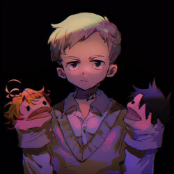 Rule 34 | 1boy, black background, black eyes, closed mouth, collared shirt, emma (yakusoku no neverland), grey sweater vest, grimace, hand puppet, male focus, norman (yakusoku no neverland), number tattoo, puppet, qin (7833198), ray (yakusoku no neverland), shirt, short hair, sweater vest, tattoo, yakusoku no neverland
