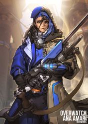 1girl aged_down ana_(overwatch) armor artist_name bandages beret black_gloves black_hair blue_coat blue_hat blue_hijab blue_jacket bodysuit braid brown_eyes captain_amari character_name coat comparison copyright_name cowboy_shot dark-skinned_female dark_skin emblem eye_of_horus facial_mark facial_tattoo female_focus gauntlets gloves gun hat hichi hichi_(hichiworks) highres hijab holding holding_gun holding_weapon jacket long_hair looking_at_viewer military military_hat military_uniform mole mole_under_eye official_alternate_costume old old_woman open_clothes open_coat overcoat overwatch overwatch_1 parted_lips power_armor power_suit revision rifle scope signature sniper_rifle solo split_image split_theme tattoo weapon white_hair