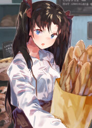 Rule 34 | 1girl, bag, baguette, bakery, black hair, blue eyes, bread, breasts, collared shirt, fate/grand order, fate/stay night, fate (series), food, highres, lamb (hitsujiniku), long sleeves, medium breasts, open mouth, paper bag, parted bangs, shirt, shop, solo, tohsaka rin, two side up, white shirt