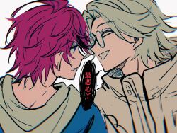 Rule 34 | 2boys, ^ ^, ahoge, aotsuki eito, black streaks, blue eyes, blue jacket, chinese text, closed eyes, face-to-face, facing another, glasses, grey hair, grin, hashtag-only commentary, highres, hood, hoodie, jacket, kerlap412933, looking at another, male focus, multicolored hair, multiple boys, portrait, red hair, short hair, simple background, smile, spoilers, streaked hair, sumino takumi, sweatdrop, the hundred line -last defense academy-, white background, white hoodie, white jacket