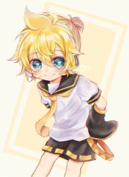 1boy aqua_eyes black_shorts blonde_hair blue_eyes cowboy_shot cowlick detached_sleeves eyes_visible_through_hair hair_between_eyes hands_on_own_hips headset heart high_ponytail highres kagamine_len light_smile looking_at_viewer male_focus mattari_haruto messy_hair necktie ponytail puffy_sleeves shirt short_hair short_ponytail short_sleeves shorts simple_background sleeves_past_fingers sleeves_past_wrists smile solo very_long_sleeves vocaloid white_shirt yellow_necktie yellow_theme