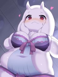1girl artist_request belly blush breasts covered_navel fat female_focus furry furry_female goat hands_on_own_face heart highres horns large_breasts mature_female muffin_top navel plump red_eyes shiny_skin solo toriel undertale