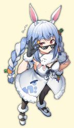 1girl adjusting_eyewear adjusting_glasses animal_ear_fluff animal_ears ankle_garter artist_name black_gloves black_pantyhose blue_hair bow braid breasts carrot_hair_ornament clothing_cutout coat coat_dress deal_with_it_(meme) detached_sleeves don-chan_(usada_pekora) dress food-themed_hair_ornament frilled_thigh_strap fur-trimmed_coat fur-trimmed_gloves fur_scarf fur_trim gloves hair_ornament hand_on_own_hip highres hololive hololive_fantasy hop3 long_hair looking_at_viewer looking_over_eyewear looking_over_glasses meme multicolored_hair open_mouth orange_eyes pantyhose pom_pom_(clothes) puffy_short_sleeves puffy_sleeves rabbit_ears rabbit_girl ribbon scarf short_eyebrows short_sleeves simple_background smile solo sparkle strapless strapless_coat strapless_dress sunglasses thick_eyebrows thigh_strap tinted_eyewear twin_braids twintails twitter_username two-tone_hair underboob_cutout usada_pekora usada_pekora_(1st_costume) virtual_youtuber white_coat white_footwear white_hair white_scarf white_sleeves
