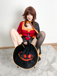 Rule 34 | 1girl, absurdres, asymmetrical legwear, belt, black cape, black gloves, black hat, black socks, brown hair, cape, carpet, chair, clothes lift, cosplay, cosplay photo, covering crotch, covering privates, dress, dress lift, feet, fingerless gloves, gloves, hat, highres, indoors, kneehighs, kono subarashii sekai ni shukufuku wo!, lips, long hair, long sleeves, looking at viewer, megumin, megumin (cosplay), mismatched legwear, photo (medium), red dress, red eyes, sidelocks, single kneehigh, single sock, sitting, smile, socks, solo, stelarhoshi, unworn hat, unworn headwear, wall, witch hat, yellow trim
