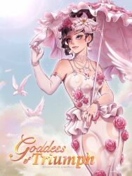 1girl absurdres artist_name asymmetrical_hair bare_shoulders bird bird_on_hand blue_eyes blue_sky bow bracelet breasts brown_eyeshadow brown_hair character_name cleavage closed_mouth cloud commentary contrapposto cowboy_shot cumulonimbus_cloud day dress dress_flower earrings elbow_gloves english_commentary eyelashes flower flower_earrings frilled_umbrella frills gloves goddess_of_triumph hair_bun hair_flower hair_ornament hand_on_own_stomach highres holding holding_umbrella jewelry long_dress looking_at_viewer marellowe medium_breasts mole mole_under_eye mole_under_mouth necklace outdoors pearl_bracelet pearl_necklace pink_bow pink_flower pink_lips pink_rose pink_umbrella roblox rose royale_high short_hair single_hair_bun sky smile solo strapless strapless_dress sun tsurime umbrella white_bird white_dress white_flower white_gloves