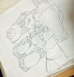 Rule 34 | 1girl, arms up, emi (fighting vipers), fighting vipers, fighting vipers 2, gauntlets, goggles, goggles on head, grin, highres, hn93393810, looking to the side, mechanical hands, monochrome, paper, real life, sega, short hair, sketch, smile, sticker on face, stuffed animal, stuffed toy, teddy bear