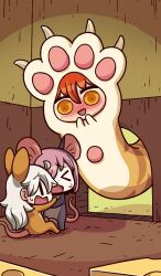 &gt;_&lt; animal_costume animal_ears blush cheese chibi chibi_only chinese_zodiac claws commentary fake_animal_ears fate/grand_order fate_(series) food fujimaru_ritsuka_(female) long_hair looking_at_another mash_kyrielight mouse_costume mouse_ears mouse_hole mouse_tail official_art olga_marie_animusphere open_mouth orange_eyes orange_hair pawpads pink_hair riyo_(lyomsnpmp) scared short_hair size_difference small_sweatdrop smile tail third-party_source white_hair year_of_the_rat