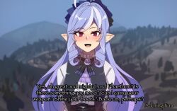1girl :d absurdres ahoge black_bow black_bowtie blue_sky blush bow bowtie brooch center_frills drill_hair drill_sidelocks frills highres hinghoi jewelry long_hair looking_at_viewer mole mole_under_eye open_mouth outdoors pointy_ears purple_hair red_eyes shirt sidelocks sky smile solo upper_body very_long_hair vivian_(zenless_zone_zero) white_shirt zenless_zone_zero
